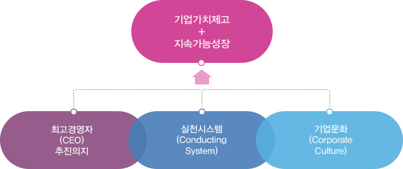 최고경영자(CEO)추진의지 + 실천시스템(conducting system) + 기업문화(corporate culture) = 기업가치제고+지속가능성장